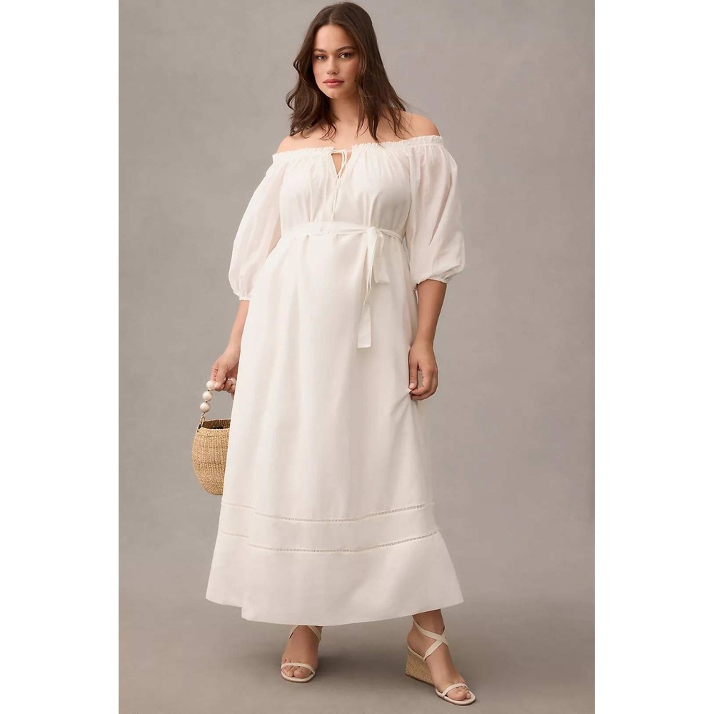 Anthropologie Off The Shoulder‎ Peasant Maxi Dress Plus Size 1X Off White Flowy